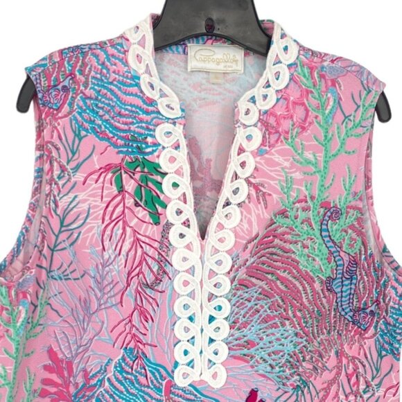 Pappagallo Womens L Sleeveless Tunic Tank Top VNeck Pink Sea Coral Seahorse Reef - Picture 3 of 11